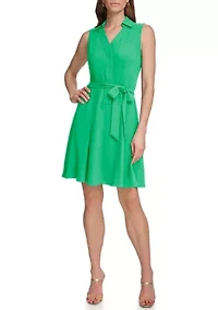 Women's Collared Solid Tie Waist A-Line Dress