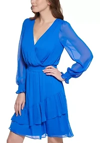 Women's Long Sleeve V-Neck Smocked Waist Solid Chiffon Fit and Flare Dress