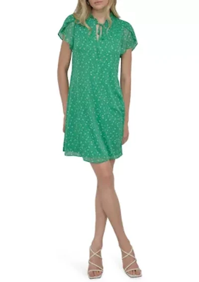 Women's Flutter Sleeve Mock Neck Dot Printed A-Line Dress