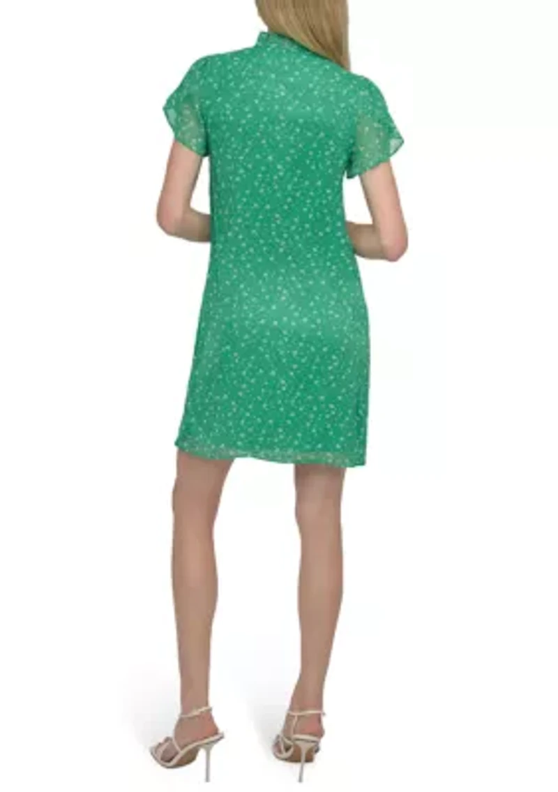 Women's Flutter Sleeve Mock Neck Dot Printed A-Line Dress