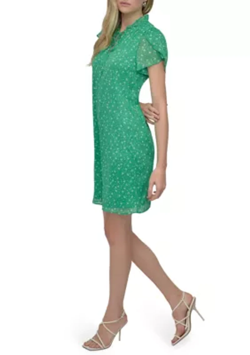 Women's Flutter Sleeve Mock Neck Dot Printed A-Line Dress
