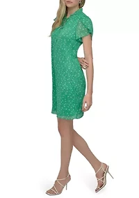 Women's Flutter Sleeve Mock Neck Dot Printed A-Line Dress