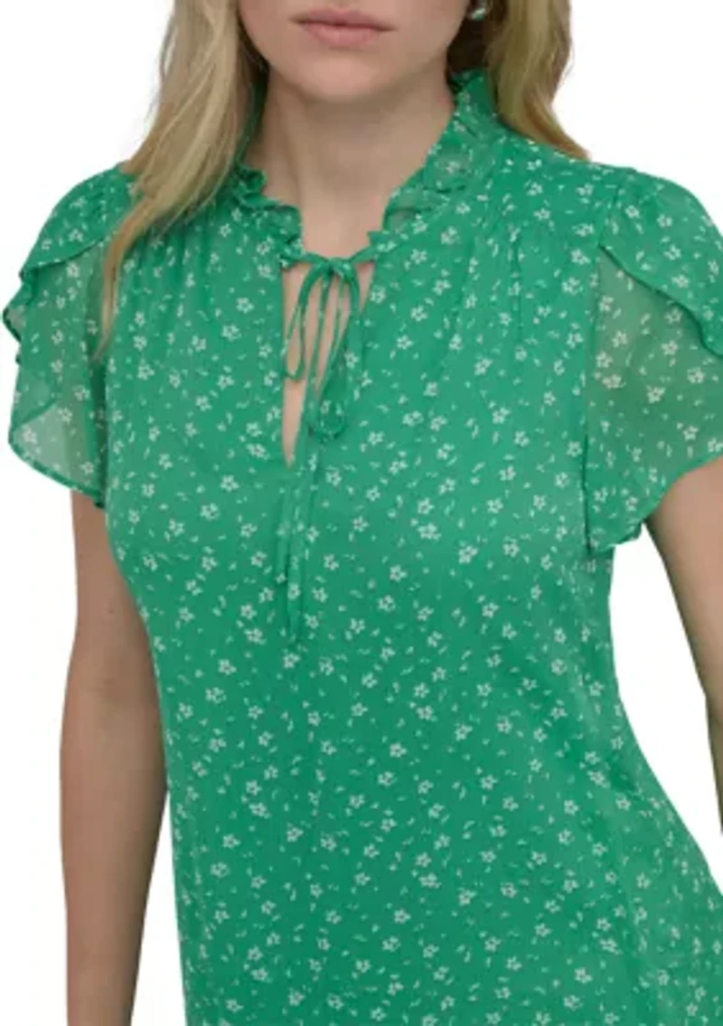 Women's Flutter Sleeve Mock Neck Dot Printed A-Line Dress