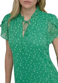 Women's Flutter Sleeve Mock Neck Dot Printed A-Line Dress
