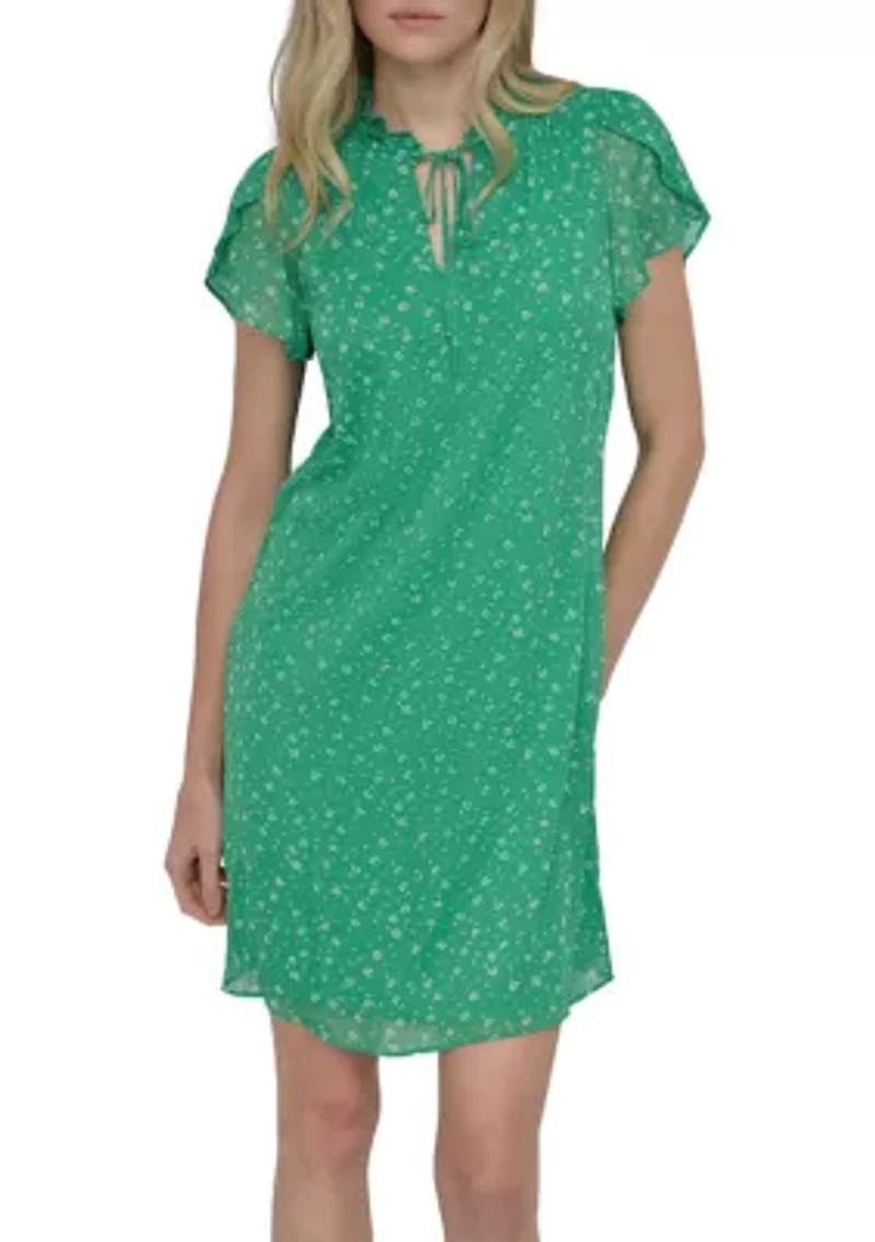 Women's Flutter Sleeve Mock Neck Dot Printed A-Line Dress