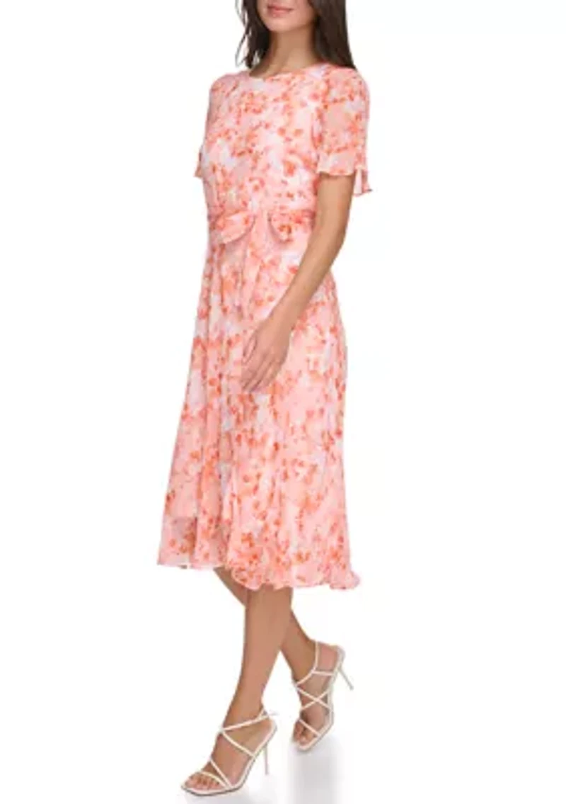 Women's Floral Printed Tie Waist Fit and Flare Dress