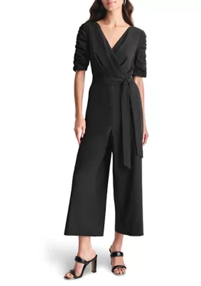 Women's Elbow Sleeve V-Neck Solid Wrap Jumpsuit