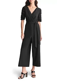 Women's Elbow Sleeve V-Neck Solid Wrap Jumpsuit