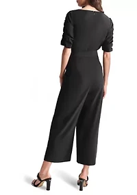 Women's Elbow Sleeve V-Neck Solid Wrap Jumpsuit