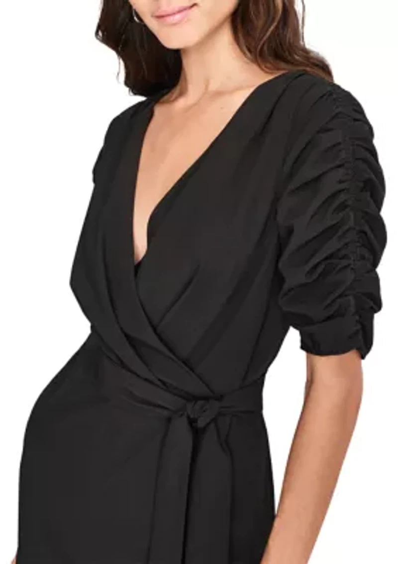 Women's Elbow Sleeve V-Neck Solid Wrap Jumpsuit