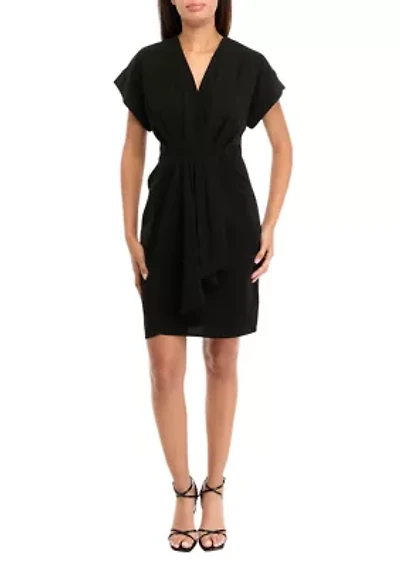 Women's Short Sleeve V-Neck Solid Crepe Fit and Flare Dress