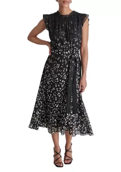 Women's Flutter Sleeve Mock Neck Printed Chiffon Ruffle Fit and Flare Dress