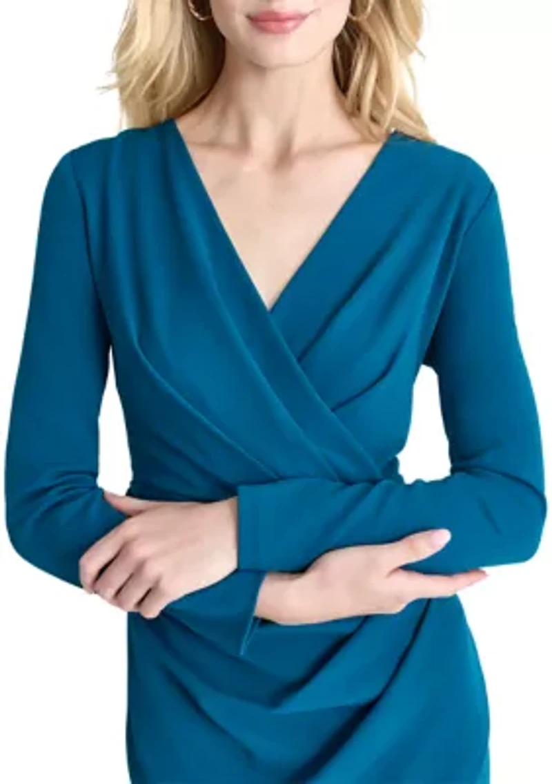 Women's Long Sleeve V-Neck Solid Ruch Sheath Dress