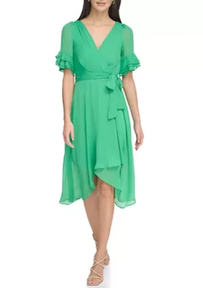 Women's Ruffle Detailed Tie Waist Solid Fit and Flare Dress