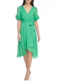 Women's Ruffle Detailed Tie Waist Solid Fit and Flare Dress