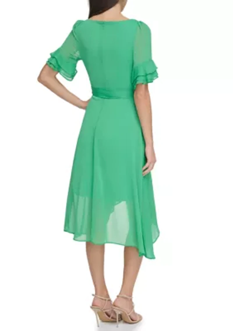 Women's Ruffle Detailed Tie Waist Solid Fit and Flare Dress