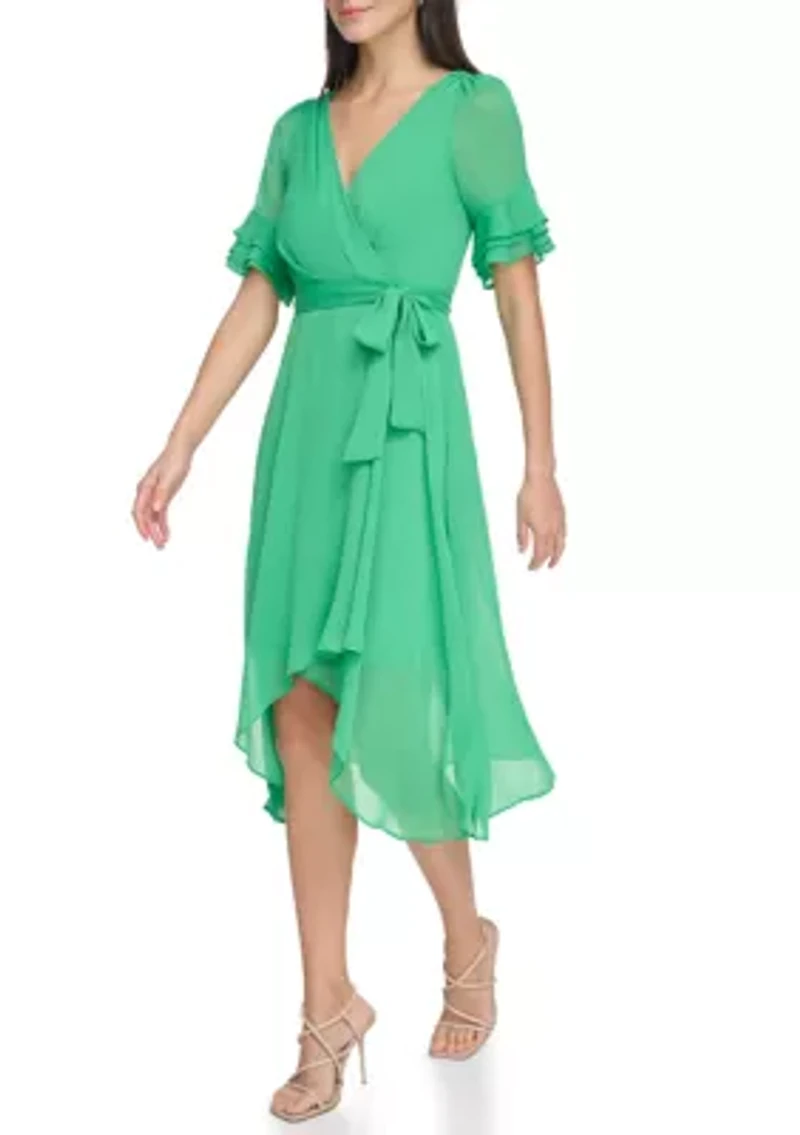 Women's Ruffle Detailed Tie Waist Solid Fit and Flare Dress