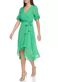 Women's Ruffle Detailed Tie Waist Solid Fit and Flare Dress