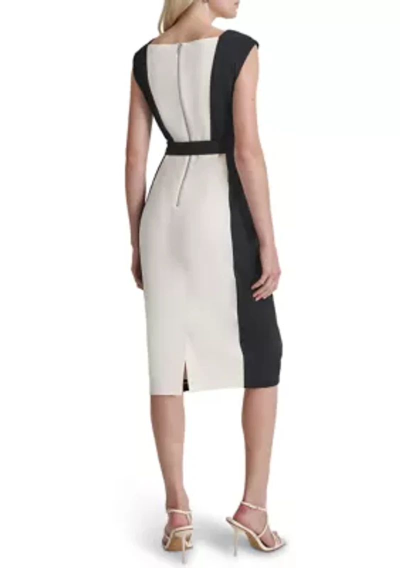 Women's Short Sleeve Square Neck Two Tone Belted Sheath Dress