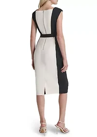 Women's Short Sleeve Square Neck Two Tone Belted Sheath Dress