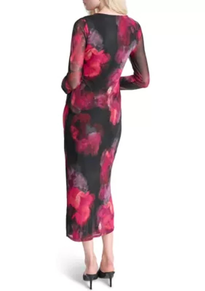 Women's Long Sleeve Wide Neck Floral Side Ruched Sheath Dress