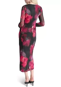 Women's Long Sleeve Wide Neck Floral Side Ruched Sheath Dress