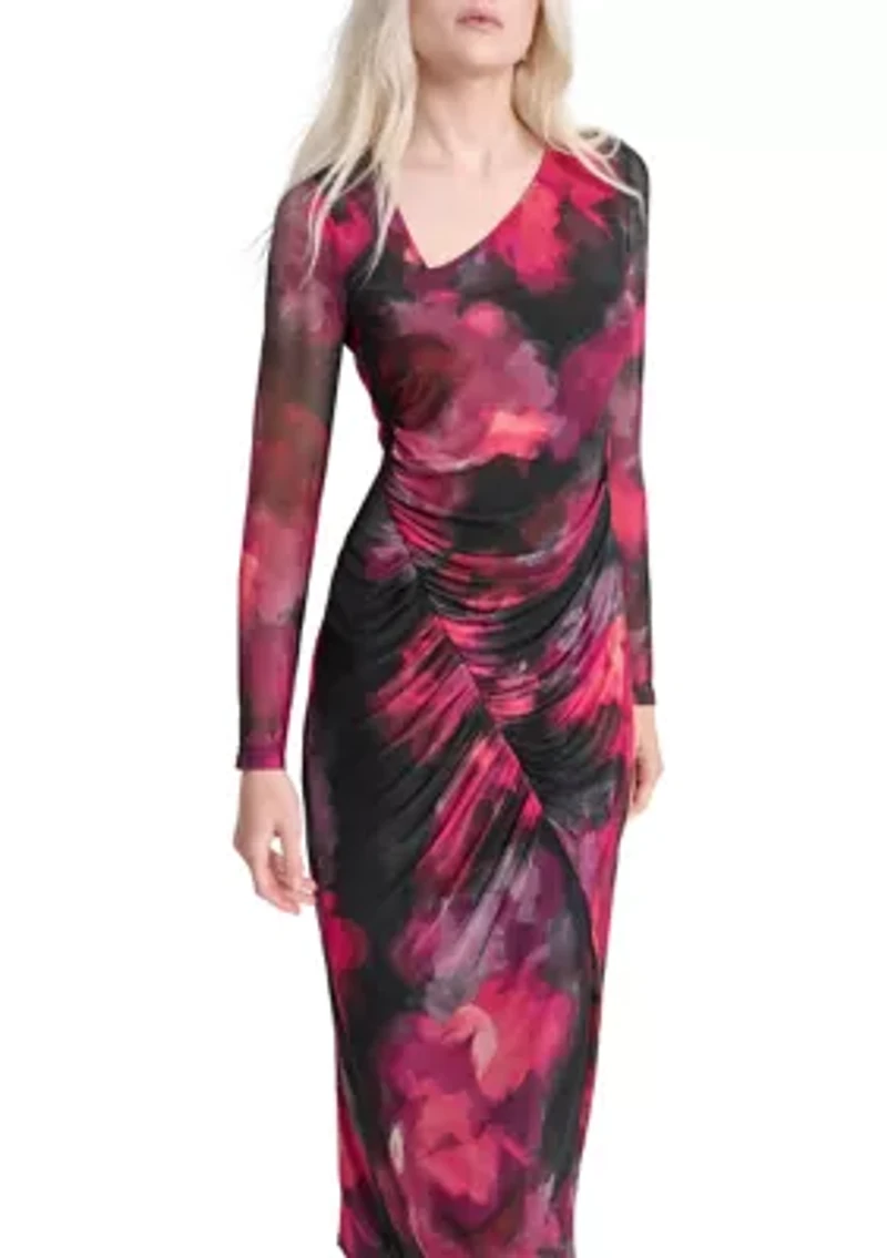 Women's Long Sleeve Wide Neck Floral Side Ruched Sheath Dress