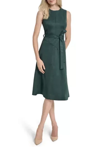 Sleeveless Crew Neck Solid Suede A-Line Dress