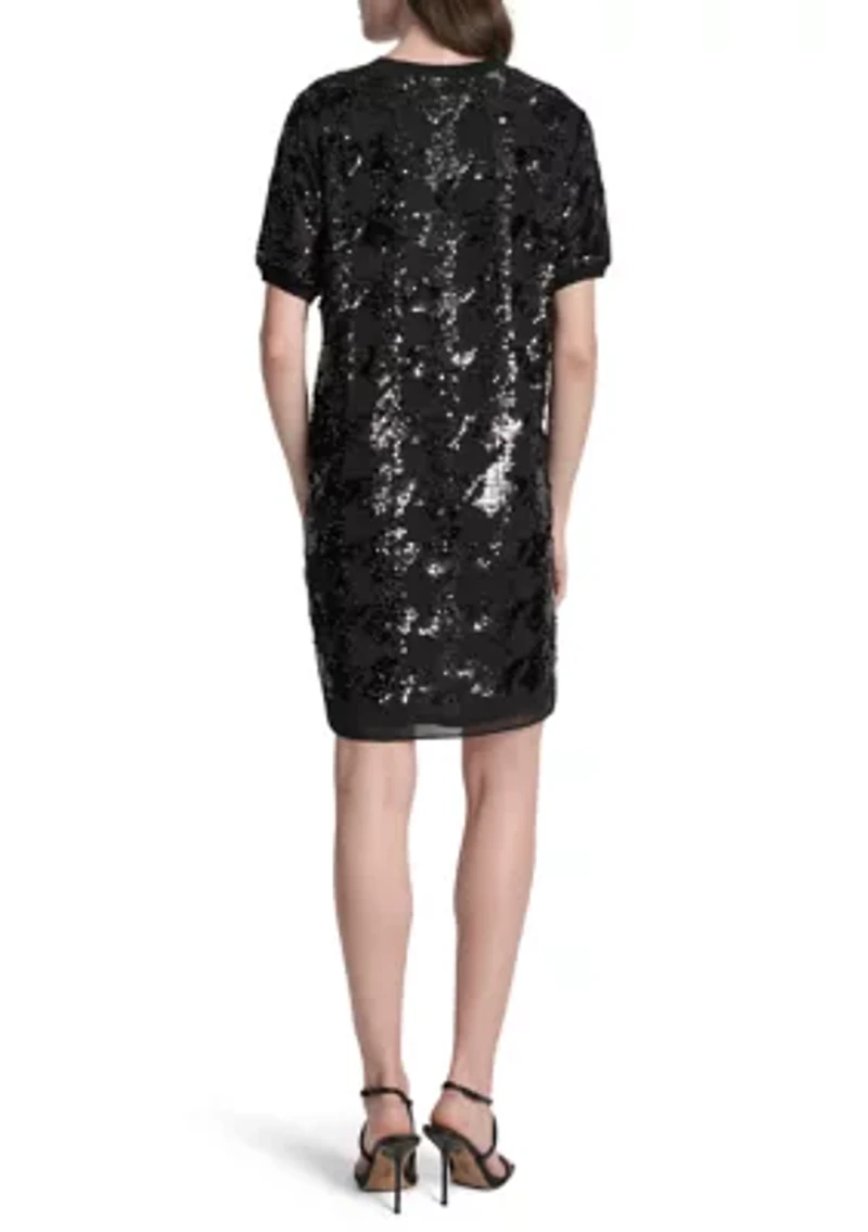 Women's Short Sleeve Crew Neck Sequin Sheath