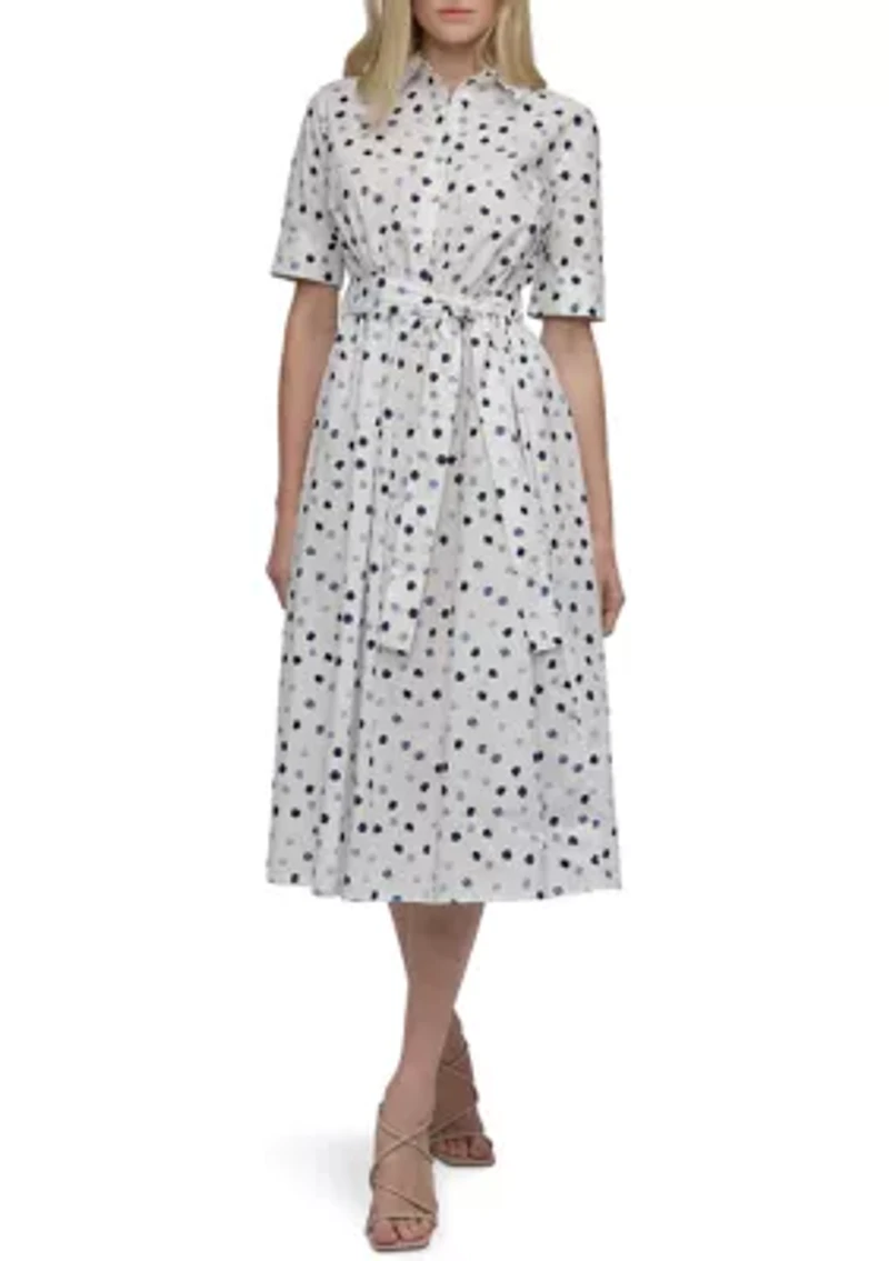 Women's Short Sleeve Collar Neck Dot Print Shirtdress