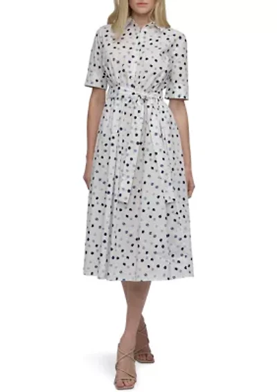 Women's Short Sleeve Collar Neck Dot Print Shirtdress