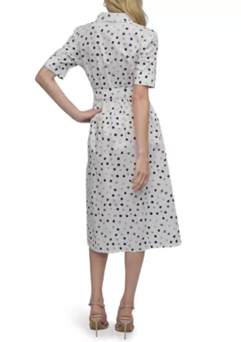 Women's Short Sleeve Collar Neck Dot Print Shirtdress