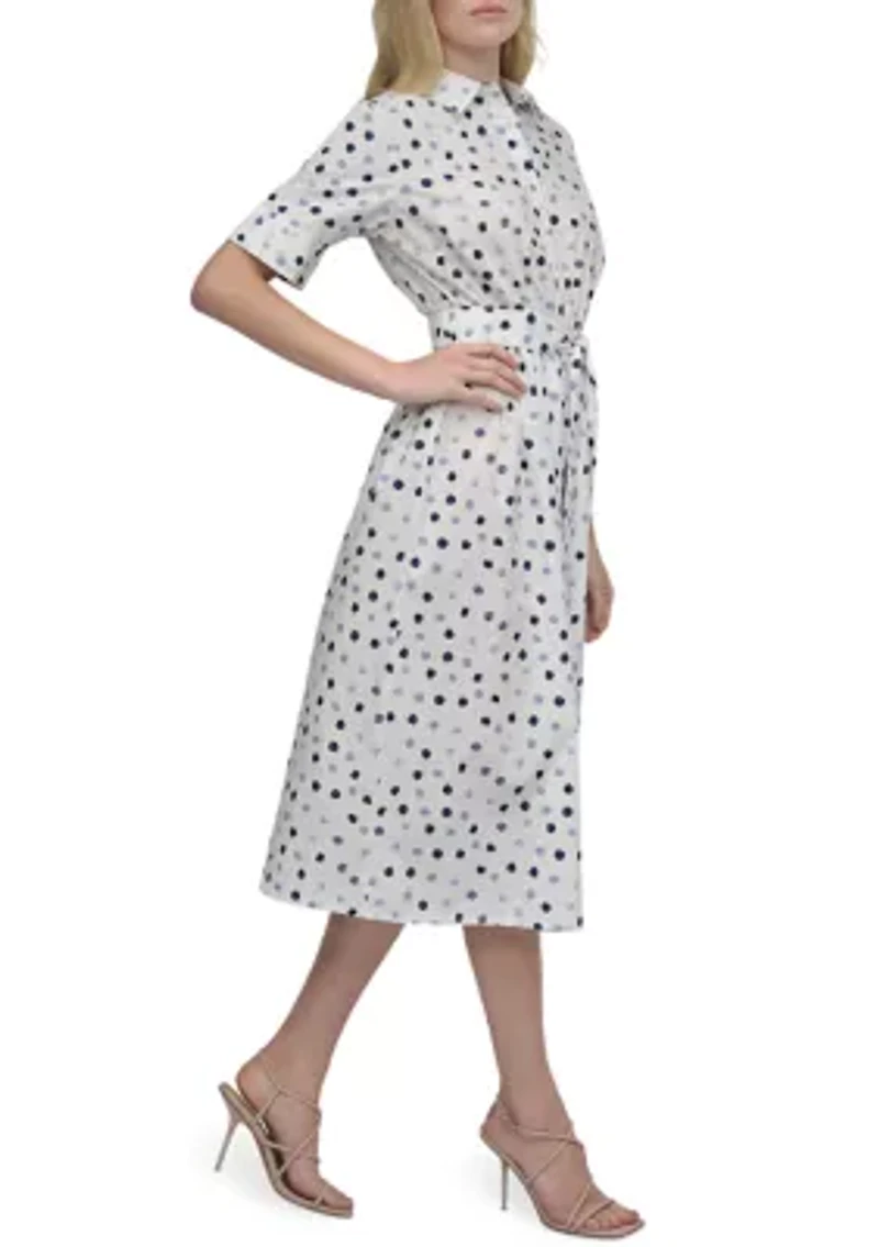 Women's Short Sleeve Collar Neck Dot Print Shirtdress
