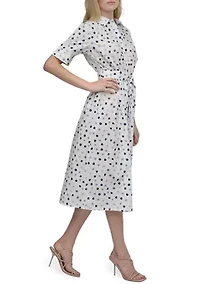 Women's Short Sleeve Collar Neck Dot Print Shirtdress