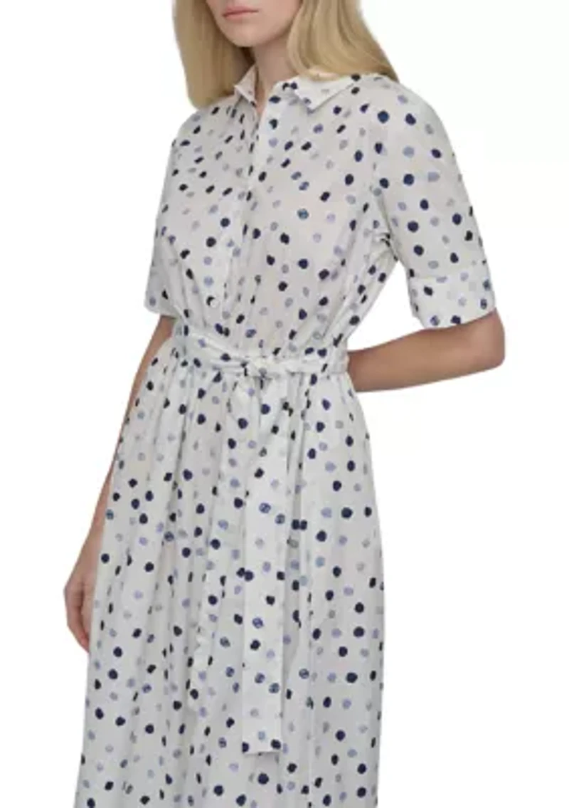 Women's Short Sleeve Collar Neck Dot Print Shirtdress