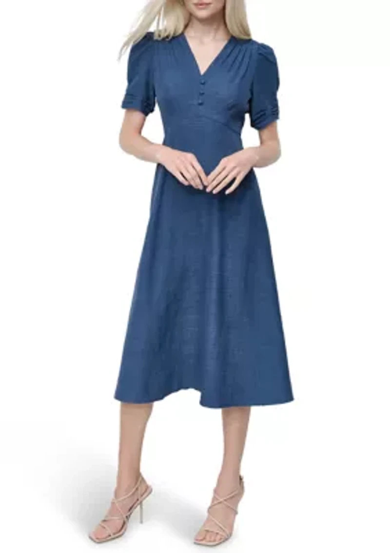 Women's V-Neck Denim Midi Dress