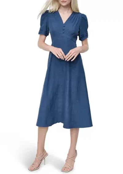 Women's V-Neck Denim Midi Dress
