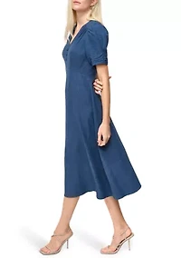 Women's V-Neck Denim Midi Dress