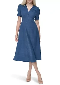 Women's V-Neck Denim Midi Dress