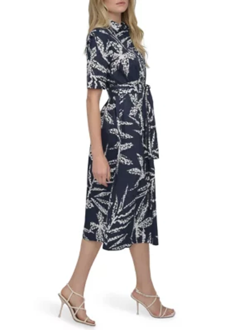 Women's Elbow Sleeve Collar Neck Leaf Print Shirtdress