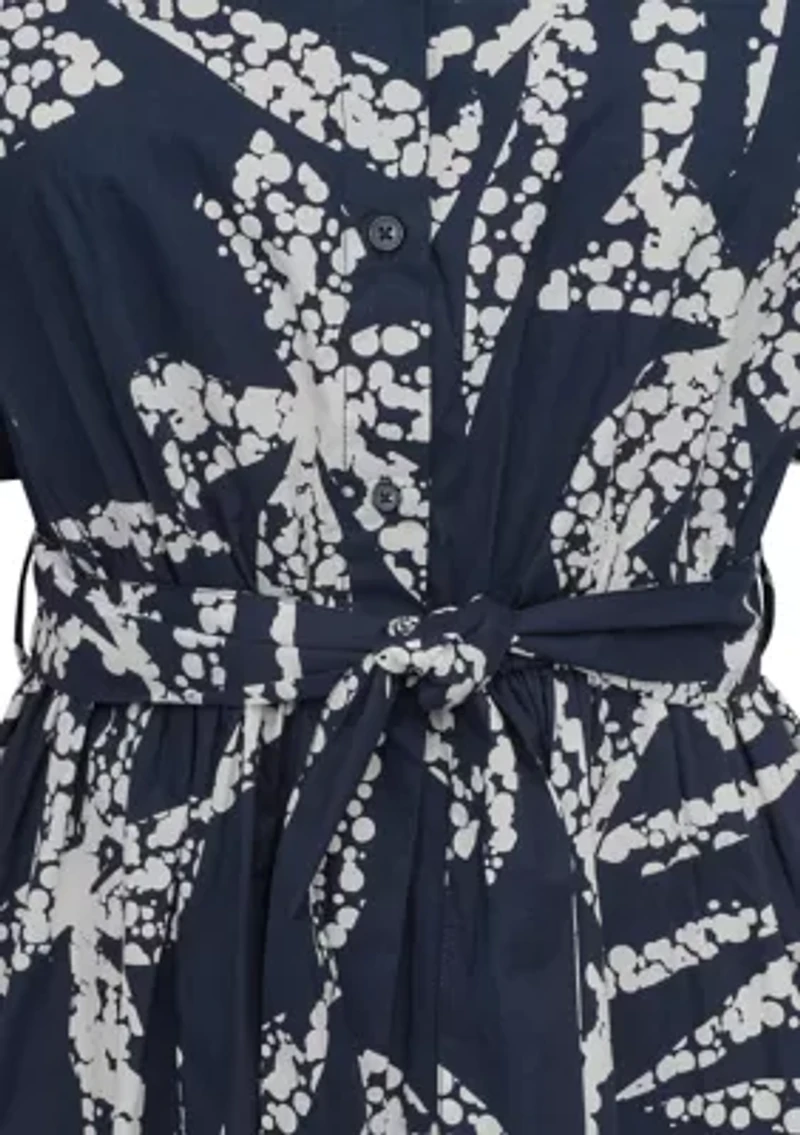Women's Elbow Sleeve Collar Neck Leaf Print Shirtdress