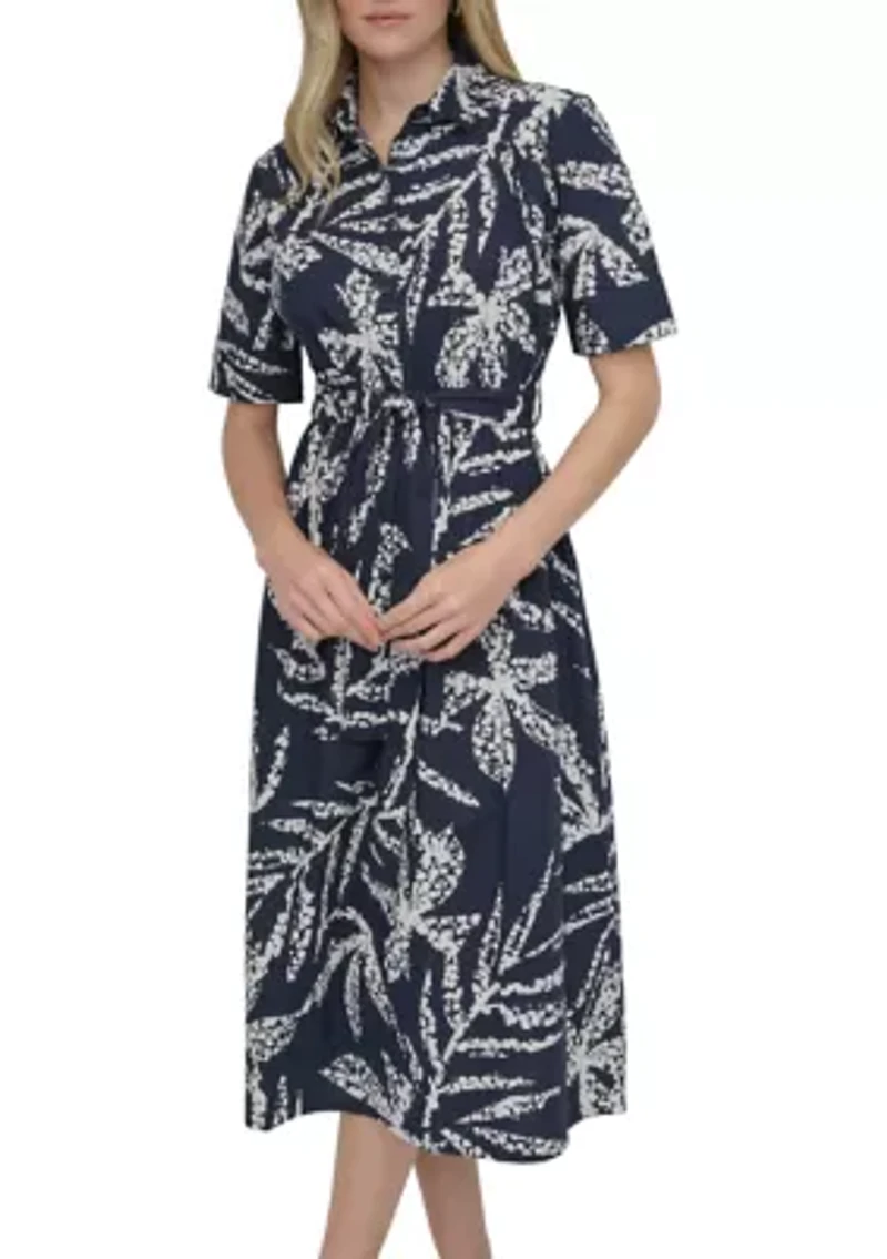 Women's Elbow Sleeve Collar Neck Leaf Print Shirtdress