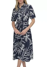 Women's Elbow Sleeve Collar Neck Leaf Print Shirtdress