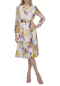 Women's Long Sleeve Printed Chiffon A-Line Dress