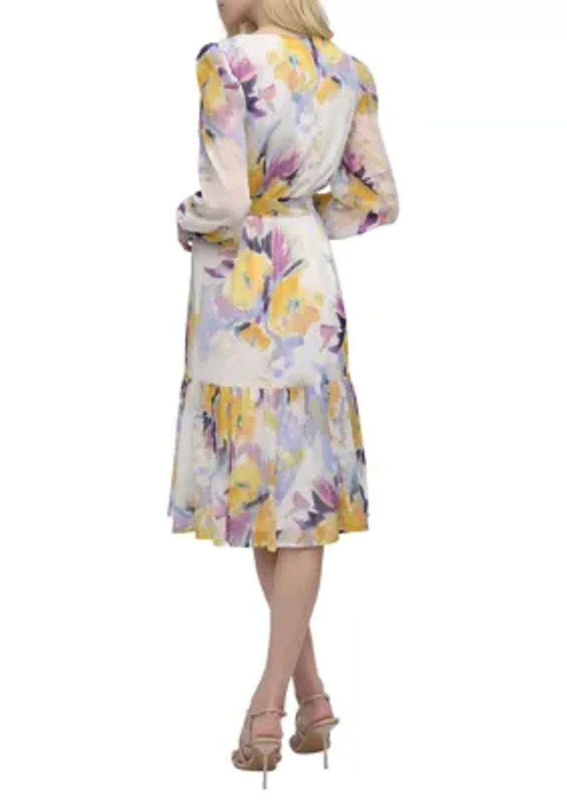 Women's Long Sleeve Printed Chiffon A-Line Dress