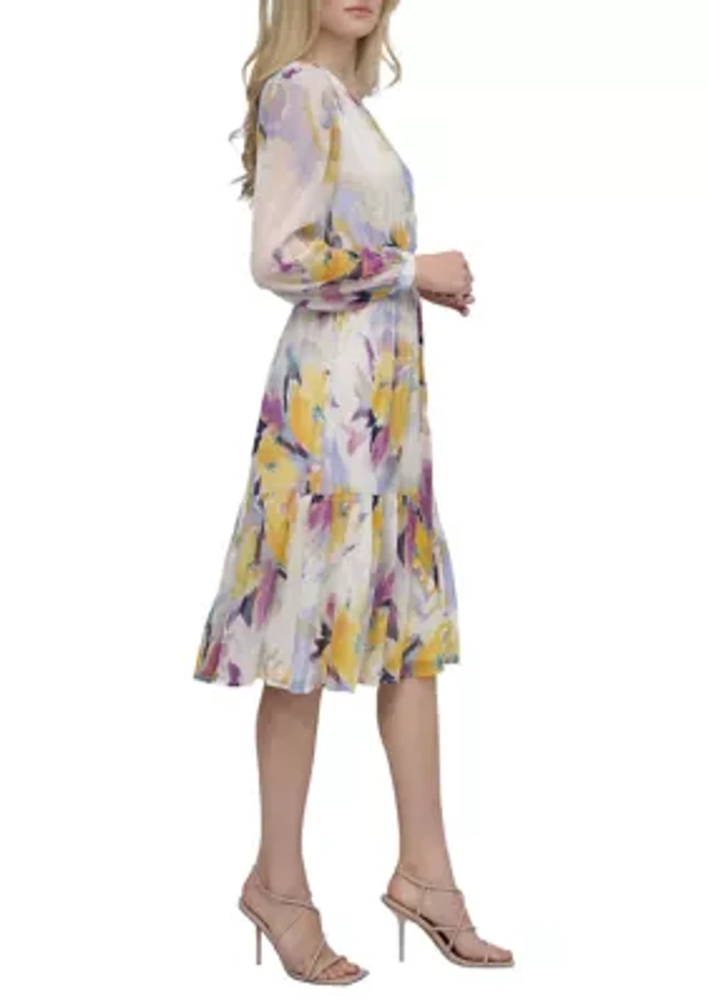 Women's Long Sleeve Printed Chiffon A-Line Dress