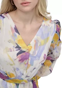 Women's Long Sleeve Printed Chiffon A-Line Dress