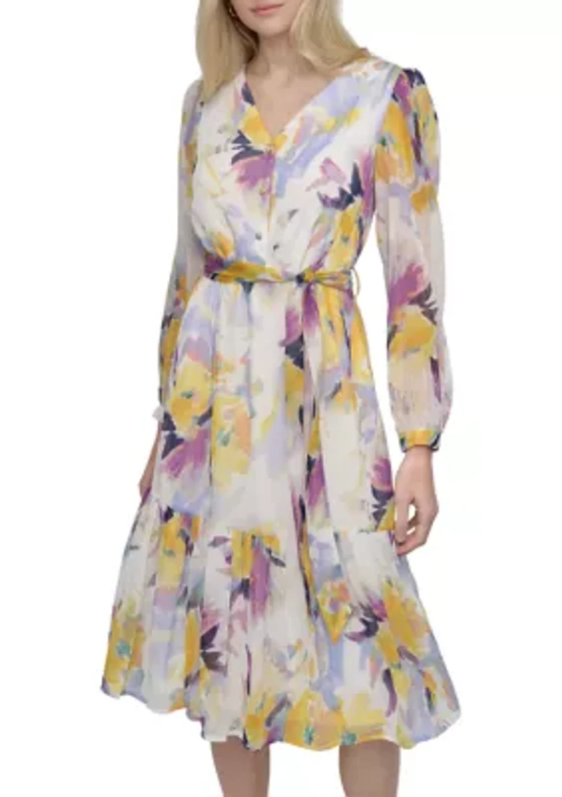 Women's Long Sleeve Printed Chiffon A-Line Dress