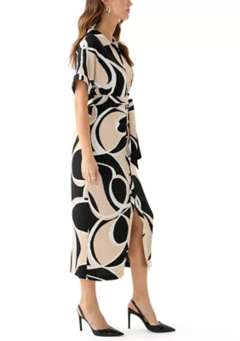 Women's Geo Printed Belted Fit and Flare Dress