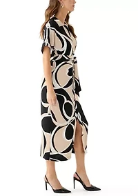Women's Geo Printed Belted Fit and Flare Dress